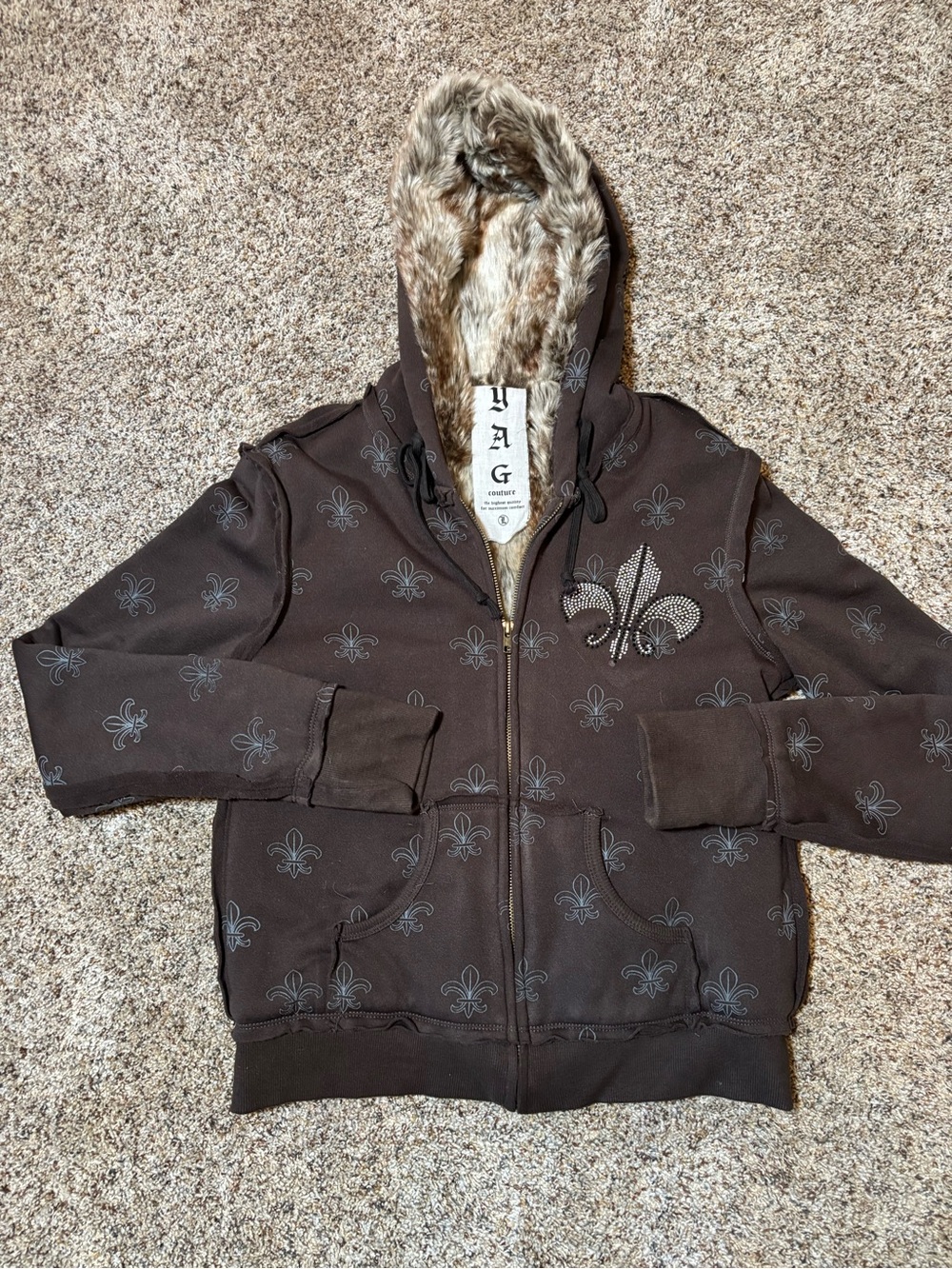 E207 Yag Couture Brown Faux-Fur Hooded Puffer Jacket, Size L